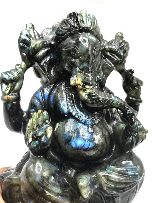 Labradorite Handmade Carving of Ganesh with blue flash - Lord Ganesha Idol | Figurine in Crystals and Gemstones - 9 inches and 3 kg (6.6 lb)