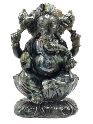 Labradorite Handmade Carving of Ganesh with blue flash - Lord Ganesha Idol | Figurine in Crystals and Gemstones - 9 inches and 3 kg (6.6 lb)