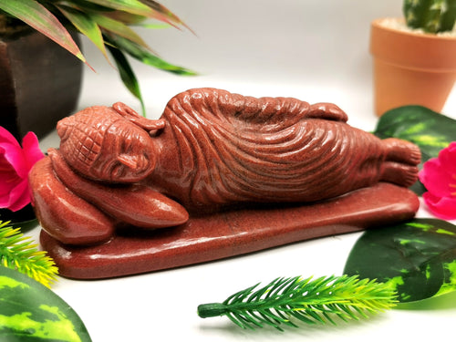Red Aventurine Buddha in parinirvana position - handmade carving of serene Lord Buddha - crystal/reiki/healing - 6.2 inches and 480 gms