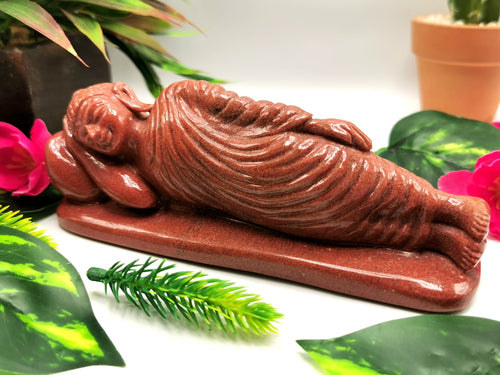 Red Aventurine Buddha in parinirvana position - handmade carving of serene Lord Buddha - crystal/reiki/healing - 6.2 inches and 480 gms
