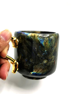 Unique and Beautiful Labradorite Tea Cup with a golden metal handle - ONLY 1 CUP