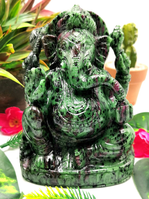 Ruby Ziosite Handmade Carving of Ganesh - Lord Ganesha Idol | Figurine in Crystals and Gemstones - 5.5 inches and 1.57 kg (3.45 lb)