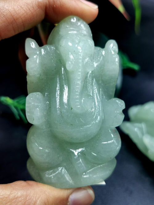 Light Green Aventurine Handmade Carving of Ganesh - Lord Ganesha Idol in Crystals/Gemstone - Reiki/Chakra/Healing - 2.5 in and 85 gms