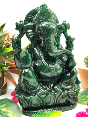 Dark Green Aventurine Handmade Carving of Ganesh - Lord Ganesha Idol in Crystals/Gemstone - Reiki/Chakra/Healing -8 in and 2.52 kg (5.54 lb)