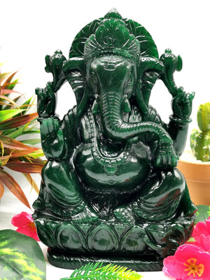 Dark Green Aventurine Handmade Carving of Ganesh - Lord Ganesha Idol in Crystals/Gemstone - Reiki/Chakra/Healing -8 in and 2.52 kg (5.54 lb)