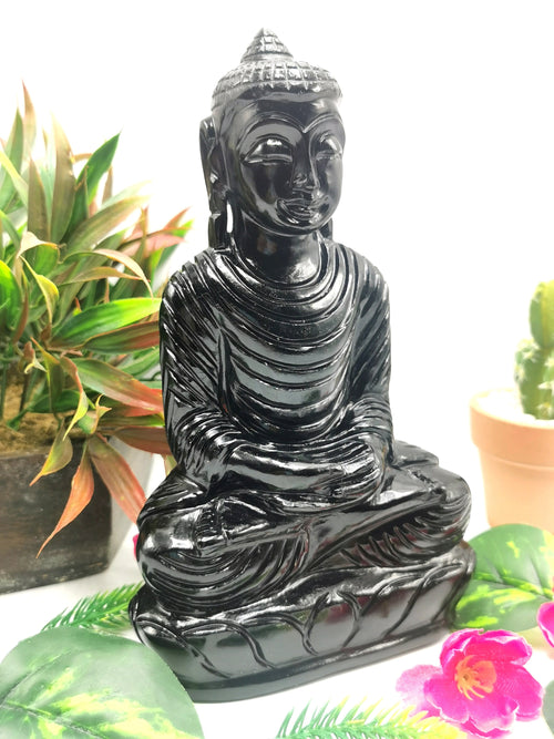 Black Obsidian Buddha - handmade carving of serene and meditating Lord Buddha - crystal/reiki/healing - 8 inches and 1.34 kg (2.95lb)