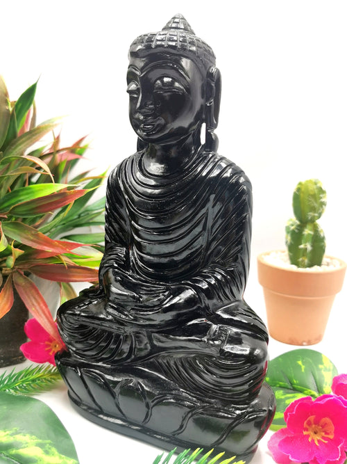 Black Obsidian Buddha - handmade carving of serene and meditating Lord Buddha - crystal/reiki/healing - 8 inches and 1.34 kg (2.95lb)