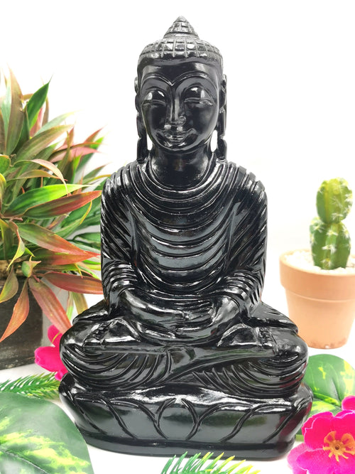 Black Obsidian Buddha - handmade carving of serene and meditating Lord Buddha - crystal/reiki/healing - 8 inches and 1.34 kg (2.95lb)