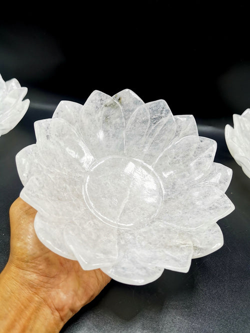 Beautiful white quartz hand carved lotus bowls - 7 inches diameter and 730 gms (1.60 lb) - ONE BOWL ONLY