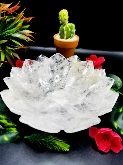 Beautiful clear quartz (spathik) hand carved lotus bowls - 7 inches diameter and 740 gms (1.63 lb) - ONE BOWL ONLY