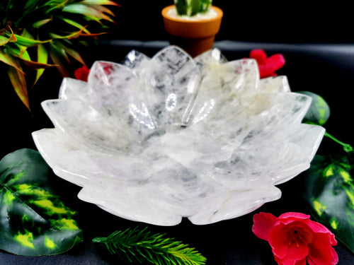 Beautiful clear quartz (spathik) hand carved lotus bowls - 7 inches diameter and 740 gms (1.63 lb) - ONE BOWL ONLY