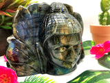 Labradorite Buddha Head on leaf - handmade carving of serene and meditating Lord Buddha - crystal/reiki/chakra -5.5 inches and 1.68 kg
