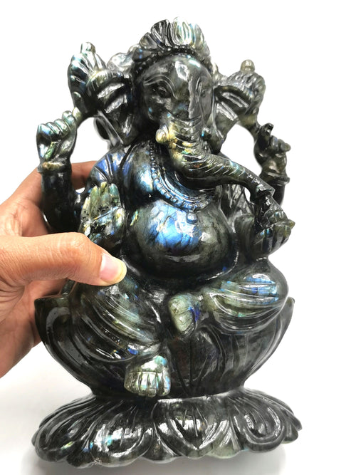 Labradorite Handmade Carving of Ganesh with blue flash - Lord Ganesha Idol | Figurine in Crystals and Gemstones - 9 inches and 3 kg (6.6 lb)