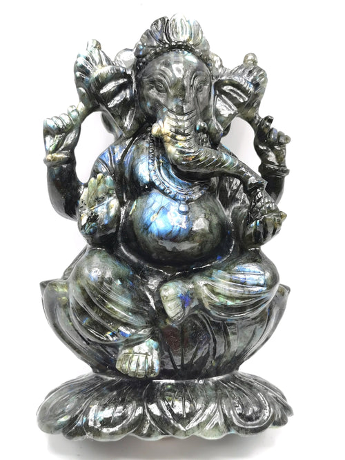 Labradorite Handmade Carving of Ganesh with blue flash - Lord Ganesha Idol | Figurine in Crystals and Gemstones - 9 inches and 3 kg (6.6 lb)
