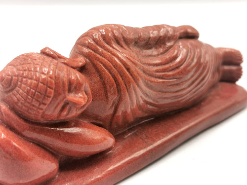 Red Aventurine Buddha in parinirvana position - handmade carving of serene Lord Buddha - crystal/reiki/healing - 6.2 inches and 480 gms
