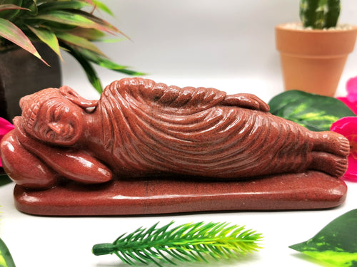 Red Aventurine Buddha in parinirvana position - handmade carving of serene Lord Buddha - crystal/reiki/healing - 6.2 inches and 480 gms
