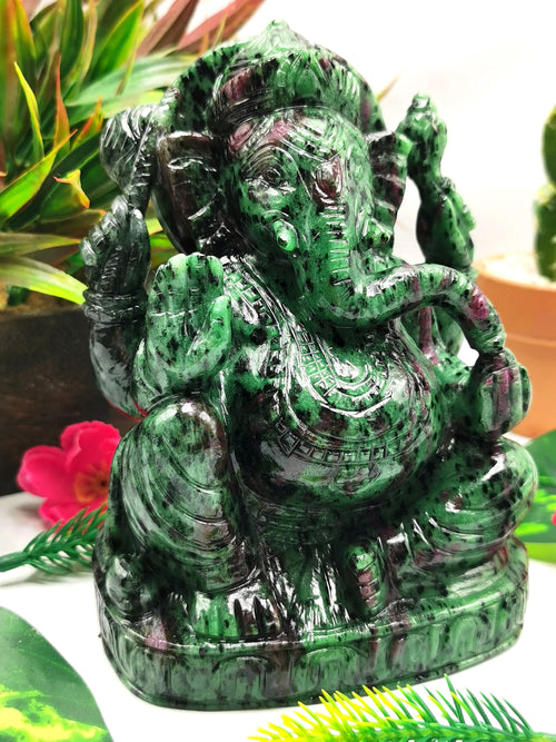 Ruby Ziosite Handmade Carving of Ganesh - Lord Ganesha Idol | Figurine in Crystals and Gemstones - 5.5 inches and 1.57 kg (3.45 lb)
