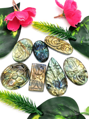 Miniature floral carvings for pendant in labradorite stone set of 7 - gemstone/crystal jewelry |Reiki/Chakra/Healing - 7 PIECES ONLY