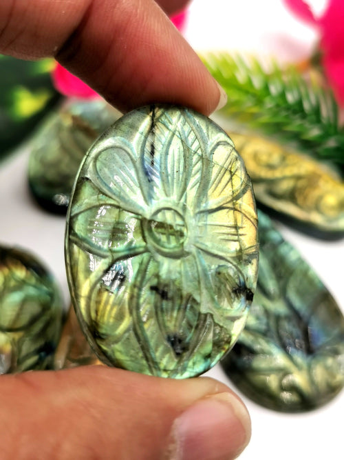 Miniature floral carvings for pendant in labradorite stone set of 7 - gemstone/crystal jewelry |Reiki/Chakra/Healing - 7 PIECES ONLY