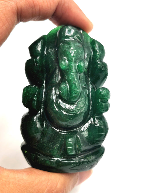 Dark Green Aventurine Handmade Carving of Ganesh - Lord Ganesha Idol in Crystals/Gemstone - Reiki/Chakra/Healing - 2.5 in and 100 gms
