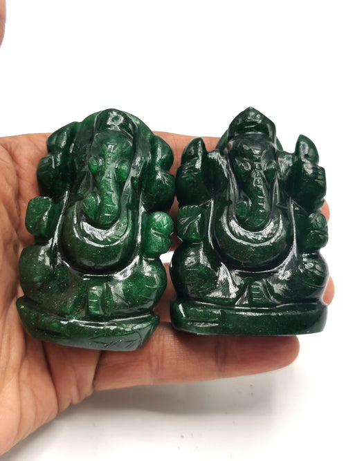 Dark Green Aventurine Handmade Carving of Ganesh - Lord Ganesha Idol in Crystals/Gemstone - Reiki/Chakra/Healing - 2.5 in and 100 gms