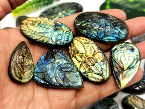 Floral miniature carvings for pendant in labradorite stone wholesale set - gemstone/crystal jewelry |Reiki/Chakra - 40-45 PIECES SET