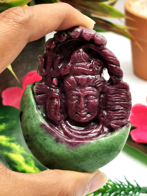 Shiva Head Handmade in Ruby Ziosite Carving - Lord Shivshankar in crystals and gemstones | Reiki/Chakra/Healing - 2.5 inch and 620 carats