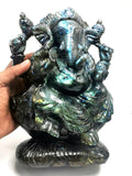 Large Labradorite Handmade Carving of Ganesh with blue flash - Lord Ganesha Idol/Statue in Crystals and Gemstones - 9 inch and 4 kg (8.9 lb)