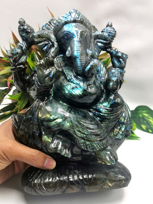 Large Labradorite Handmade Carving of Ganesh with blue flash - Lord Ganesha Idol/Statue in Crystals and Gemstones - 9 inch and 4 kg (8.9 lb)