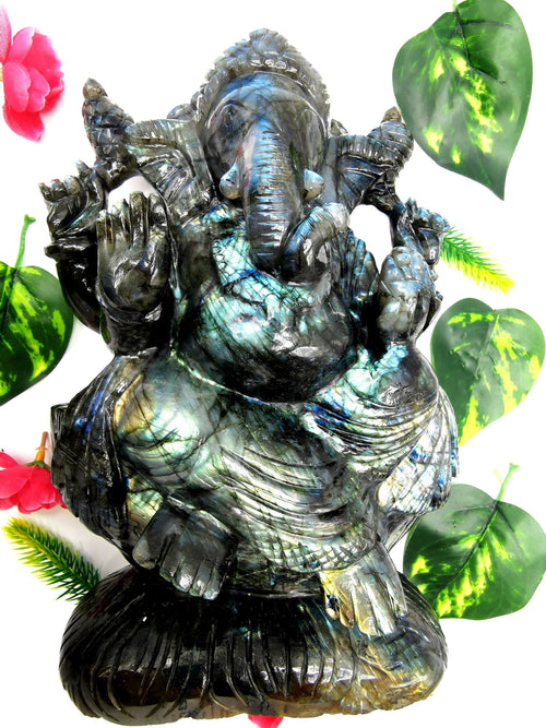 Large Labradorite Handmade Carving of Ganesh with blue flash - Lord Ganesha Idol/Statue in Crystals and Gemstones - 9 inch and 4 kg (8.9 lb)