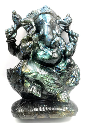 Large Labradorite Handmade Carving of Ganesh with blue flash - Lord Ganesha Idol/Statue in Crystals and Gemstones - 9 inch and 4 kg (8.9 lb)