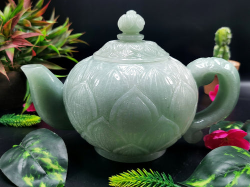 Green Aventurine tea set - exquisite carving of a tea kettle and 4 tea cups - crystal and gemstone carvings