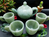 Green Aventurine tea set - exquisite carving of a tea kettle and 4 tea cups - crystal and gemstone carvings