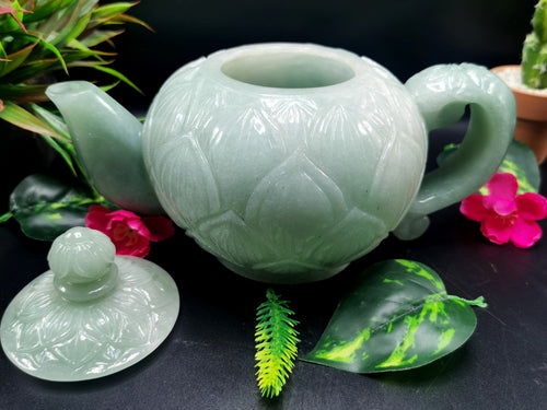 Green Aventurine tea set - exquisite carving of a tea kettle and 4 tea cups - crystal and gemstone carvings