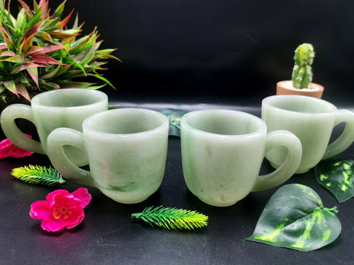 Green Aventurine tea set - exquisite carving of a tea kettle and 4 tea cups - crystal and gemstone carvings