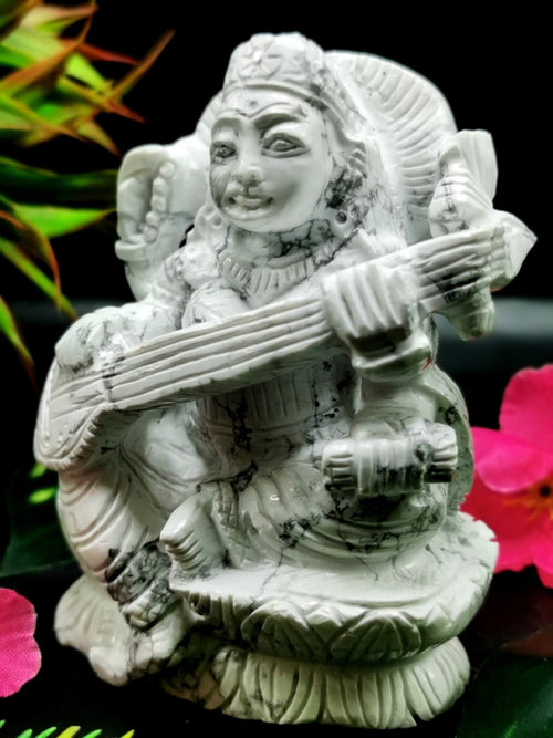Saraswati carving in howlite stone - Goddess of Learning idol/statue/murti in gemstones and crystals - 3.5 in and 410 gm (0.90 lb)