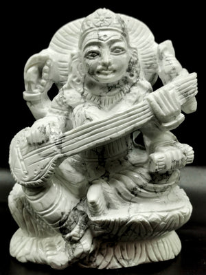 Exquisite Saraswati carving in howlite stone - Goddess of Learning idol/statue/murti in gemstones and crystals - 3.5 in and 410 gm (0.90 lb)