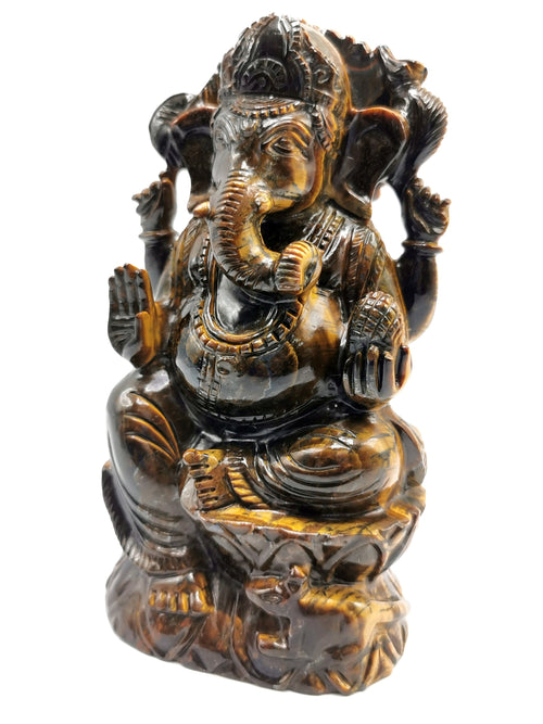 Tiger Eye Handmade Carving of Ganesh - Lord Ganesha Idol | Sculpture in Crystals/Gemstones - Reiki/Chakra/Healing - 6.2 inches and 1.09 kgs