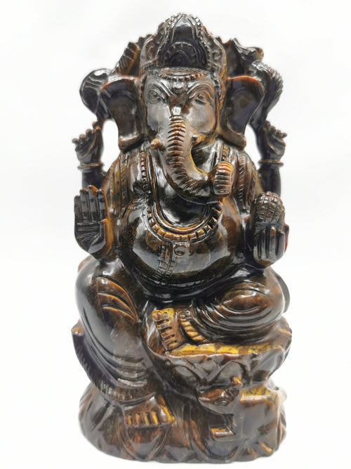 Tiger Eye Handmade Carving of Ganesh - Lord Ganesha Idol | Sculpture in Crystals/Gemstones - Reiki/Chakra/Healing - 6.2 inches and 1.09 kgs