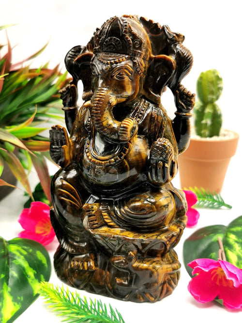 Tiger Eye Handmade Carving of Ganesh - Lord Ganesha Idol | Sculpture in Crystals/Gemstones - Reiki/Chakra/Healing - 6.2 inches and 1.09 kgs