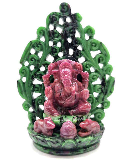 Ruby Ziosite Handmade Carving of Ganesh - Lord Ganesha Idol | Figurine in Crystals and Gemstones - 4.2 inches and 1360 carats