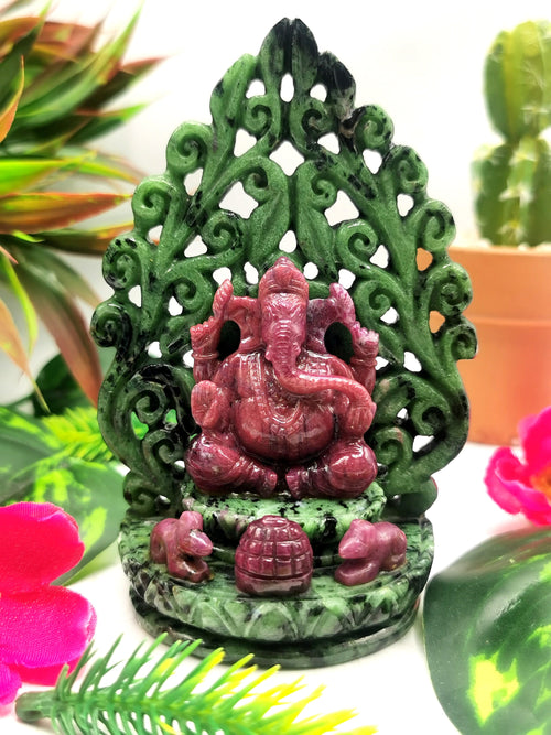 Ruby Ziosite Handmade Carving of Ganesh - Lord Ganesha Idol | Figurine in Crystals and Gemstones - 4.5 inches and 1450 carats