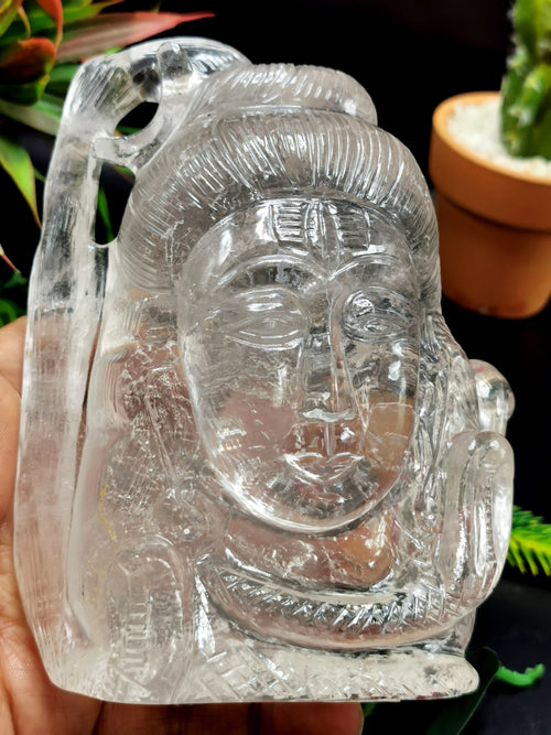 Shiva Head/Bust in Clear Quartz Carving - Lord Shivshankar in crystals and gemstones |Reiki/Chakra/Healing - 5 in and 845 gms (1.86 lb)
