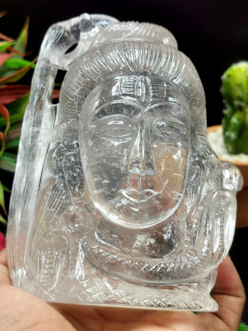 Shiva Head/Bust in Clear Quartz Carving - Lord Shivshankar in crystals and gemstones |Reiki/Chakra/Healing - 5 in and 845 gms (1.86 lb)