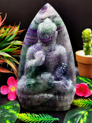 Multicolor Fluorite Buddha on leaf - handmade carving of serene and meditating Lord Buddha - crystal/reiki - 7 inches and 1.29 kg (2.84 lb)