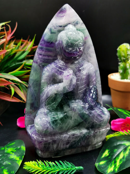 Multicolor Fluorite Buddha on leaf - handmade carving of serene and meditating Lord Buddha - crystal/reiki - 7 inches and 1.29 kg (2.84 lb)