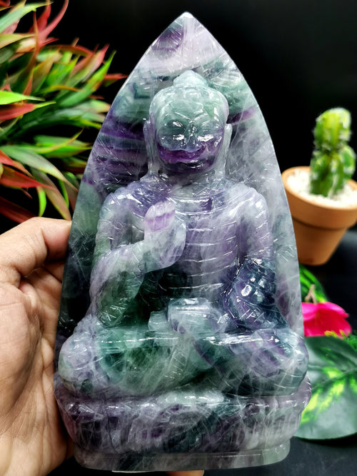 Multicolor Fluorite Buddha on leaf - handmade carving of serene and meditating Lord Buddha - crystal/reiki - 7 inches and 1.29 kg (2.84 lb)