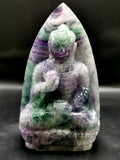 Multicolor Fluorite Buddha on leaf - handmade carving of serene and meditating Lord Buddha - crystal/reiki - 7 inches and 1.29 kg (2.84 lb)