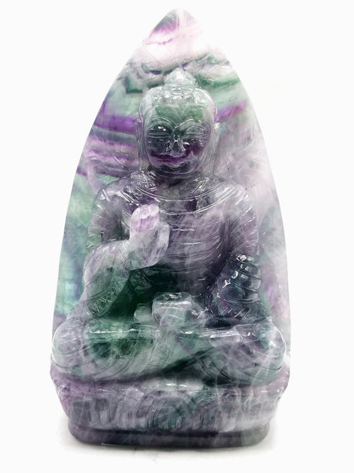 Multicolor Fluorite Buddha on leaf - handmade carving of serene and meditating Lord Buddha - crystal/reiki - 7 inches and 1.29 kg (2.84 lb)