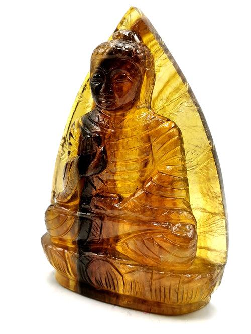 Yellow Fluorite Buddha on a leaf - handmade carving of serene and meditating Lord Buddha - crystal/reiki - 7 inches and 1.3 kgs (2.86 lb)